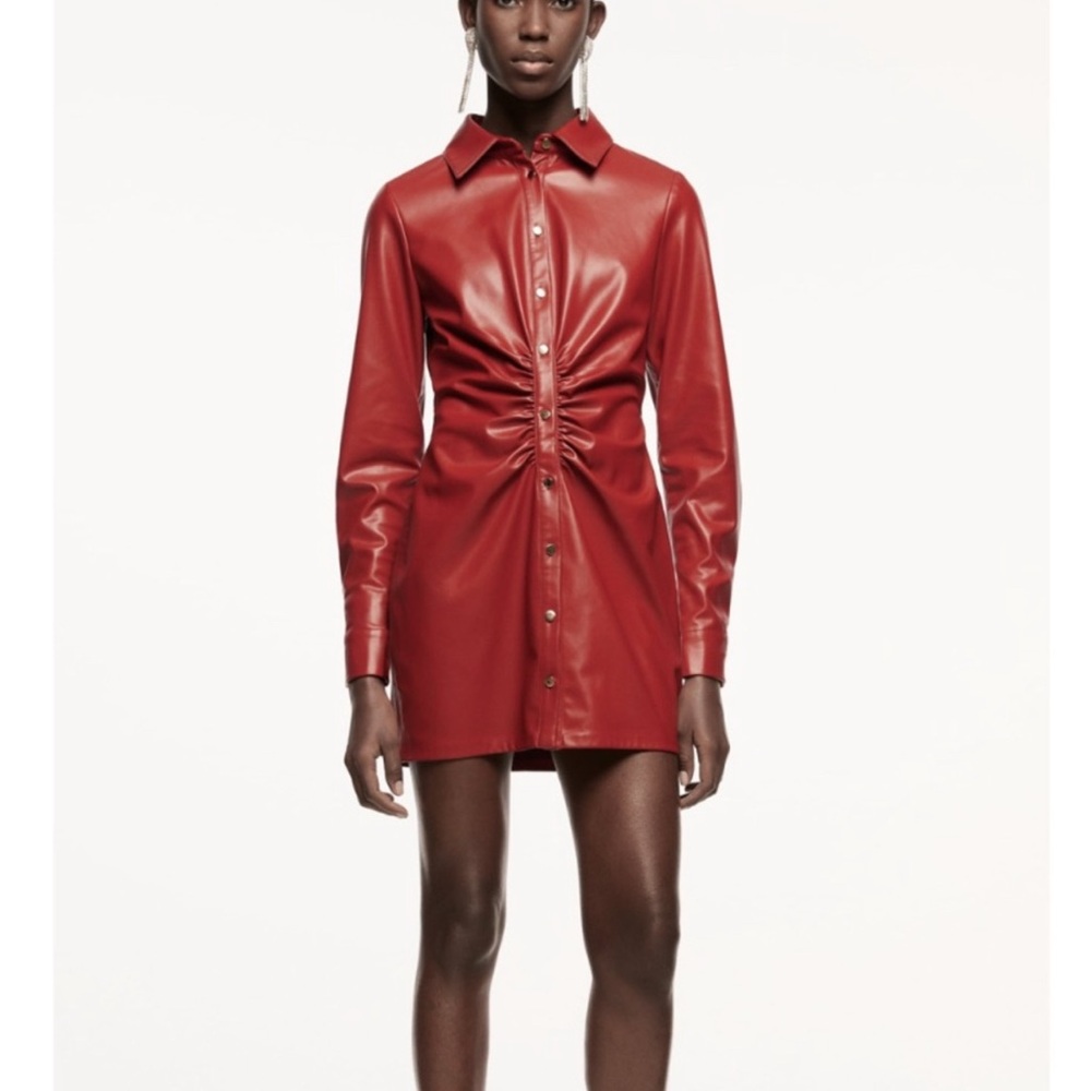 Red Faux Leather Shirt Dress Zara